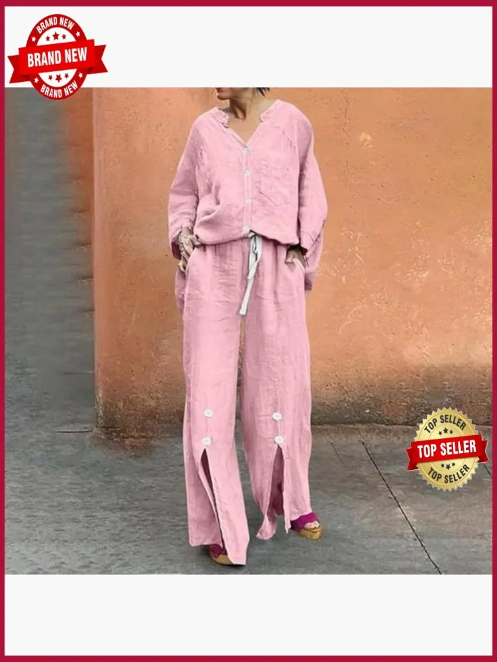 Two Piece Lounge Set: Button Cardigan & Wide Leg Pants, Polyester Cotton, Casual - Picture 5 of 6